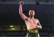 30 March 2019; Allan Phelan celebrates after winning the vacant BUI Celtic Super Featherweight title after defeating Aiden Metcalfe at the National Stadium in Dublin. Photo by Seb Daly/Sportsfile