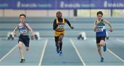 30 March 2019; Athletes, from left, Matthew McCarthy of Dundrum South Dublin A.C., Co. Dublin, Ryan Onoh of Leevale A.C., Co. Cork, and  Dan Costello of Athlone IT A.C., Co. Westmeath, competing in the Boys Under 12 60m event   during Day 1 of the Irish Life Health National Juvenile Indoor Championships at AIT in Athlone, Co Westmeath. Photo by Sam Barnes/Sportsfile