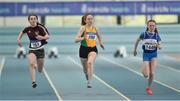 30 March 2019; Athletes, from left, Anna Taylor of Crookstown Millview A.C., Co. Kildare, Ella Curtin of Brothers Pearse A.C., Co. Dublin, and Riona Doherty of Finn Valley A.C., Co. Donegal, competing in the Girls Under 13 60m event during Day 1 of the Irish Life Health National Juvenile Indoor Championships at AIT in Athlone, Co Westmeath. Photo by Sam Barnes/Sportsfile