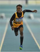 30 March 2019; Ryan Onoh of Leevale A.C., Co. Cork, competing in the Boys Under 12 60m event during Day 1 of the Irish Life Health National Juvenile Indoor Championships at AIT in Athlone, Co Westmeath. Photo by Sam Barnes/Sportsfile