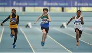 30 March 2019; Athletes, from left, Ryan Onoh of Leevale A.C., Co. Cork, and  Dan Costello of Athlone IT A.C., Co. Westmeath, and Brian McCulloch of Celbridge A.C., Co. Kildare, competing in the Boys Under 12 60m event   during Day 1 of the Irish Life Health National Juvenile Indoor Championships at AIT in Athlone, Co Westmeath. Photo by Sam Barnes/Sportsfile