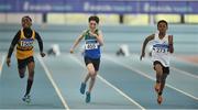 30 March 2019; Athletes, from left, Ryan Onoh of Leevale A.C., Co. Cork, and  Dan Costello of Athlone IT A.C., Co. Westmeath, and Brian McCulloch of Celbridge A.C., Co. Kildare, competing in the Boys Under 12 60m event   during Day 1 of the Irish Life Health National Juvenile Indoor Championships at AIT in Athlone, Co Westmeath. Photo by Sam Barnes/Sportsfile