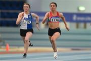 30 March 2019; Athletes, from left, Grainne Lalor of Tullamore Harriers A.C., Co. Offaly, Katie Monteith of City of Lisburn A.C., Co. Down, competing in the Girls Under 17 60m event during Day 1 of the Juvenile Indoor Championships at AIT in Athlone, Co Westmeath. Photo by Sam Barnes/Sportsfile