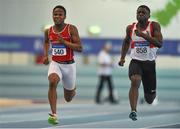 30 March 2019; Dior Lawal of Dooneen A.C., Co. Limerick, left, and Israel Olatunde of Dundealgan A.C., Co. Louth, competing in the Boys Under 18 60m event during Day 1 of the Irish Life Health National Juvenile Indoor Championships at AIT in Athlone, Co Westmeath. Photo by Sam Barnes/Sportsfile