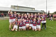 30 March 2019; Clontarf captain Maeve Keegan lifts the cup as her team-mates celebrate after the Leinster Rugby Girls U16 Girls Conference Final match between Clontarf and MU Barnhall at Navan RFC in Navan, Co Meath. Photo by Matt Browne/Sportsfile