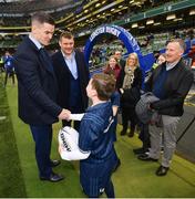 30 March 2019; Matchday mascot 10 year old Eoin Cahill, from Sercock, Co. Cavan, with Leinster players Jonathan Sexton and Jack McGrath ahead of the Heineken Champions Cup Quarter-Final between Leinster and Ulster at the Aviva Stadium in Dublin. Photo by Ramsey Cardy/Sportsfile