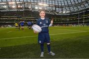 30 March 2019; Matchday mascot 10 year old Eoin Cahill, from Sercock, Co. Cavan, ahead of the Heineken Champions Cup Quarter-Final between Leinster and Ulster at the Aviva Stadium in Dublin. Photo by Ramsey Cardy/Sportsfile