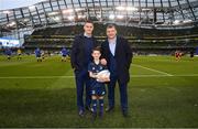 30 March 2019; Matchday mascot Andrew Browne, from Kilkenny RFC, with Leinster players Jonathan Sexton and Jack McGrath ahead of the Heineken Champions Cup Quarter-Final between Leinster and Ulster at the Aviva Stadium in Dublin. Photo by Ramsey Cardy/Sportsfile