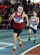 31 March 2019; Conor Liston of Mullingar Harriers A.C., Co. Westmeath, left, on his way to winning the Boys Under 13 600m event during Day 2 of the Irish Life Health National Juvenile Indoor Championships at AIT in Athlone, Co Westmeath. Photo by Sam Barnes/Sportsfile