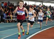 31 March 2019; Conor Liston of Mullingar Harriers A.C., Co. Westmeath, left, on his way to winning the Boys Under 13 600m event during Day 2 of the Irish Life Health National Juvenile Indoor Championships at AIT in Athlone, Co Westmeath. Photo by Sam Barnes/Sportsfile