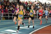 31 March 2019; Athletes, including Cait O'Reilly of Annalee AC, Co. Cavan, competing in the Girls U13 600m event during Day 2 of the Irish Life Health National Juvenile Indoor Championships at AIT in Athlone, Co Westmeath. Photo by Sam Barnes/Sportsfile