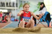 31 March 2019; Enya Silkena of Dundalk St. Gerards A.C., Co. Louth, competing in the Girls Under 13 Long Jump event during Day 2 of the Irish Life Health National Juvenile Indoor Championships at AIT in Athlone, Co Westmeath. Photo by Sam Barnes/Sportsfile