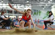 31 March 2019; Saoirse Fitzgerald of Lucan Harriers A.C., Co. Dublin, competing in the Girls Under 13 Long Jump event during Day 2 of the Irish Life Health National Juvenile Indoor Championships at AIT in Athlone, Co Westmeath. Photo by Sam Barnes/Sportsfile