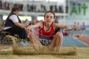 31 March 2019; Orla  O'Shaughnessy of Dooneen A.C., Co. Limerick, competing in the Girls Under 13 Long Jump event during Day 2 of the Irish Life Health National Juvenile Indoor Championships at AIT in Athlone, Co Westmeath. Photo by Sam Barnes/Sportsfile