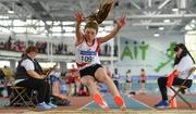 31 March 2019; Layla Stafford of D.M.P. A.C., Co. Wexford, competing in the Girls Under 13 Long Jump event during Day 2 of the Irish Life Health National Juvenile Indoor Championships at AIT in Athlone, Co Westmeath. Photo by Sam Barnes/Sportsfile