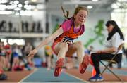 31 March 2019; Sarah Frawley of St. Marys A.C., Co. Limerick, competing in the Girls Under 13 Long Jump event during Day 2 of the Irish Life Health National Juvenile Indoor Championships at AIT in Athlone, Co Westmeath. Photo by Sam Barnes/Sportsfile