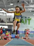 31 March 2019; Kate Mullarkey of South Sligo A.C., Co. Sligo, competing in the Girls Under 13 Long Jump event during Day 2 of the Irish Life Health National Juvenile Indoor Championships at AIT in Athlone, Co Westmeath. Photo by Sam Barnes/Sportsfile