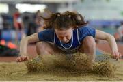 31 March 2019; Riona Doherty of Finn Valley A.C., Co. Donegal, competing in the Girls Under 13 Long Jump event during Day 2 of the Irish Life Health National Juvenile Indoor Championships at AIT in Athlone, Co Westmeath. Photo by Sam Barnes/Sportsfile
