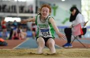 31 March 2019; Ella Farrelly of Craughwell A.C., Co. Galway, competing in the Girls Under 13 Long Jump event during Day 2 of the Irish Life Health National Juvenile Indoor Championships at AIT in Athlone, Co Westmeath. Photo by Sam Barnes/Sportsfile