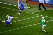 31 March 2019; Waterford goalkeeper Stephen O'Keeffe saves a shot at goal by Aaron Gillane of Limerick during the Allianz Hurling League Division 1 Final match between Limerick and Waterford at Croke Park in Dublin. Photo by Ramsey Cardy/Sportsfile