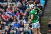 31 March 2019; Aaron Gillane of Limerick celebrates scoring his side's first goal during the Allianz Hurling League Division 1 Final match between Limerick and Waterford at Croke Park in Dublin. Photo by Piaras Ó Mídheach/Sportsfile