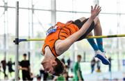 31 March 2019; Joseph McEvoy of Nenagh Olympic A.C., Co. Tipperary, competing in the Boys Under 19 High Jump event during Day 2 of the Irish Life Health National Juvenile Indoor Championships at AIT in Athlone, Co Westmeath. Photo by Sam Barnes/Sportsfile