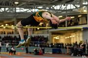 31 March 2019; Daire Donohoe of Annalee A.C., Co. Cavan, competing in the Boys Under 18 High Jump event during Day 2 of the Irish Life Health National Juvenile Indoor Championships at AIT in Athlone, Co Westmeath. Photo by Sam Barnes/Sportsfile