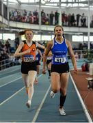 31 March 2019; Ellis Conway of Carrick-on-Shannon A.C., Co. Leitrim, right, on her way to winning the Girls Under 19 800m event ahead of    Lauren Murphy of Cilles A.C., Co. Meath, during Day 2 of the Irish Life Health National Juvenile Indoor Championships at AIT in Athlone, Co Westmeath. Photo by Sam Barnes/Sportsfile