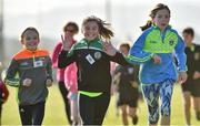 31 March 2019; 11 year old Mia Sharkey from Newtown, Co Tipperary with her friends Ruby Power, left age 11, and Cara Slattery, right age 11, during the parkrun Ireland in partnership with Vhi Ireland, at Burgess GAA Grounds, Kilcolman, Nenagh in  Co. Tipperary. parkrun Ireland expanded their range of junior events to 19 with the introduction of the Heritage junior parkrun on Sunday morning. Junior parkruns are 2km long and cater for 4 to 14-year olds, free of charge providing a fun and safe environment for children to enjoy exercise. To register for a parkrun near you visit www.parkrun.ie. Photo by Matt Browne/Sportsfile