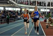 31 March 2019; Ellis Conway of Carrick-on-Shannon A.C., Co. Leitrim, right, on her way to winning the Girls Under 19 800m event ahead of Lauren Murphy of Cilles A.C., Co. Meath, during Day 2 of the Irish Life Health National Juvenile Indoor Championships at AIT in Athlone, Co Westmeath. Photo by Sam Barnes/Sportsfile