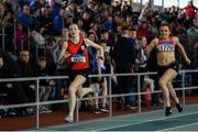 31 March 2019; Kate O'Connell of Lucan Harriers A.C., Co. Dublin, left, on her way to winning the Girls Under 16 200m, ahead of Jenna Breen of City of Lisburn A.C., Co. Down, during Day 2 of the Irish Life Health National Juvenile Indoor Championships at AIT in Athlone, Co Westmeath. Photo by Sam Barnes/Sportsfile