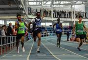 31 March 2019; Glory Wenegieme of Belgooly A.C., Co. Cork, second from left, crosses the line to win the Boys Under 16 200m event during Day 2 of the Irish Life Health National Juvenile Indoor Championships at AIT in Athlone, Co Westmeath. Photo by Sam Barnes/Sportsfile