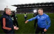 31 March 2019; Limerick manager John Kiely, left, shakes hands with Waterford manager Pauric Fanning following the Allianz Hurling League Division 1 Final match between Limerick and Waterford at Croke Park in Dublin. Photo by Stephen McCarthy/Sportsfile