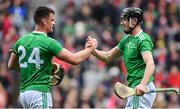 31 March 2019; Limerick players Paddy O'Loughlin, left, and Diarmaid Byrnes celebrate after the Allianz Hurling League Division 1 Final match between Limerick and Waterford at Croke Park in Dublin. Photo by Piaras Ó Mídheach/Sportsfile