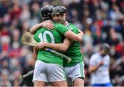 31 March 2019; Limerick players Diarmaid Byrnes, right, and Gearóid Hegarty celebrate after the Allianz Hurling League Division 1 Final match between Limerick and Waterford at Croke Park in Dublin. Photo by Piaras Ó Mídheach/Sportsfile