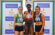 31 March 2019; Girls Under 18 200m medallists, from left, Isabelle Doyle of Rathfarnham W.S.A.F. A.C., Co. Dublin, bronze, Rhasidat Adeleke of Tallaght A.C., Co. Dublin, gold, and Caoimhe Cronin of Le Chéile A.C., Co. Kildare, silver,  during Day 2 of the Irish Life Health National Juvenile Indoor Championships at AIT in Athlone, Co Westmeath. Photo by Sam Barnes/Sportsfile