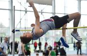 31 March 2019; Liam Jenkins of Dundrum South Dublin A.C., Co. Dublin, competing in the Boys Under 18 High Jump  event during Day 2 of the Irish Life Health National Juvenile Indoor Championships at AIT in Athlone, Co Westmeath. Photo by Sam Barnes/Sportsfile