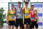 31 March 2019; Boys Under 18 High Jump medallists, from left, Daniel Greene of St. John's A.C., Co. Kerry, bronze, Liam Jenkins of Dundrum South Dublin A.C., Co. Dublin,  bronze, Eoghan Smyth of Blackrock A.C., Co. Louth, gold, and Joshua Knox of City of Lisburn A.C., Co. Down, silver, during Day 2 of the Irish Life Health National Juvenile Indoor Championships at AIT in Athlone, Co Westmeath. Photo by Sam Barnes/Sportsfile