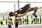 31 March 2019; Lucas Moylan of Naas A.C., Co. Kildare, competing in the Boys Under 19 High Jump event during Day 2 of the Irish Life Health National Juvenile Indoor Championships at AIT in Athlone, Co Westmeath. Photo by Sam Barnes/Sportsfile
