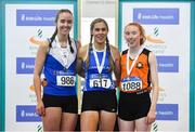 31 March 2019; Girls Under 19 800m medallists, from left, Karen Hayes of Ratoath A.C., Co. Meath, bronze, Ellis Conway of Carrick-on-Shannon A.C., Co. Leitrim, gold, Lauren Murphy of Cilles A.C., Co. Meath, silver, during Day 2 of the Irish Life Health National Juvenile Indoor Championships at AIT in Athlone, Co Westmeath. Photo by Sam Barnes/Sportsfile