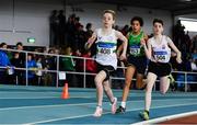 31 March 2019; Athletes, from left, Connor O Gorman of Clonmel A.C., Co. Tipperary, John Murphy of Liscarroll A.C., Co. Cork, and Darragh Mulrooney of Ballina A.C., Co. Mayo, competing in the Boys Under 14 800m event  during Day 2 of the Irish Life Health National Juvenile Indoor Championships at AIT in Athlone, Co Westmeath. Photo by Sam Barnes/Sportsfile