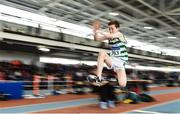 31 March 2019; Gearóid King of Castlegar A.C., Co. Galway, competing in the Boys Under 14 Long Jump event during Day 2 of the Irish Life Health National Juvenile Indoor Championships at AIT in Athlone, Co Westmeath. Photo by Sam Barnes/Sportsfile