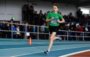 31 March 2019; Oisin Phelan of Tuam A.C., Co. Galway, competing in the Boys Under 14 800m  event during Day 2 of the Irish Life Health National Juvenile Indoor Championships at AIT in Athlone, Co Westmeath. Photo by Sam Barnes/Sportsfile