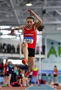 31 March 2019; Orla O'Shaughnessy of Dooneen A.C., Co. Limerick, competing in the Girls Under 13 Long Jump event during Day 2 of the Irish Life Health National Juvenile Indoor Championships at AIT in Athlone, Co Westmeath. Photo by Sam Barnes/Sportsfile