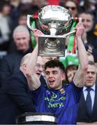 31 March 2019; Ciarán Treacy of Mayo lifts the cup after the Allianz Football League Division 1 Final match between Kerry and Mayo at Croke Park in Dublin. Photo by Ray McManus/Sportsfile
