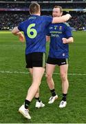 31 March 2019; Lee Keegan, 6, and Keith Higgins of Mayo celebrate after the final whistle at the Allianz Football League Division 1 Final match between Kerry and Mayo at Croke Park in Dublin. Photo by Ray McManus/Sportsfile