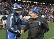 16 March 2019; Monaghan manager Malachy O'Rourke and Cavan manager Mickey Graham exchange handshakes after the Allianz Football League Division 1 Round 6 match between Monaghan and Cavan at St Tiernach's Park in Clones, Monaghan. Photo by Oliver McVeigh/Sportsfile