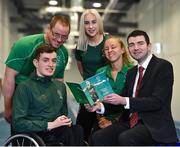 3 April 2019; Paralympics Ireland launched the new strategic plan for Irish Paralympic Sport at the Sport Ireland Federation; ‘Success Take More’. Pictured are Minister of State for Tourism and Sport Brendan Griffin TD, right, with athletes, from left, swimmer Patrick Flanagan, para-canoeist Pat O'Leary, sprinter Orla Comerford and middle distance runner Greta Streimkyte during the launch at the Sport Ireland Institute in Abbotstown, Co Dublin. Photo by Matt Browne/Sportsfile