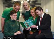 3 April 2019; Paralympics Ireland launched the new strategic plan for Irish Paralympic Sport at the Sport Ireland Federation; ‘Success Take More’. Pictured are Minister of State for Tourism and Sport Brendan Griffin TD, right, with athletes, from left, swimmer Patrick Flanagan, para-canoeist Pat O'Leary, sprinter Orla Comerford and middle distance runner Greta Streimkyte during the launch at the Sport Ireland Institute in Abbotstown, Co Dublin. Photo by Matt Browne/Sportsfile