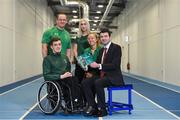 3 April 2019; Paralympics Ireland launched the new strategic plan for Irish Paralympic Sport at the Sport Ireland Federation; ‘Success Take More’. Pictured are Minister of State for Tourism and Sport Brendan Griffin TD, right, with athletes, from left, swimmer Patrick Flanagan, para-canoeist Pat O'Leary, sprinter Orla Comerford and middle distance runner Greta Streimkyte during the launch at the Sport Ireland Institute in Abbotstown, Co Dublin. Photo by Matt Browne/Sportsfile